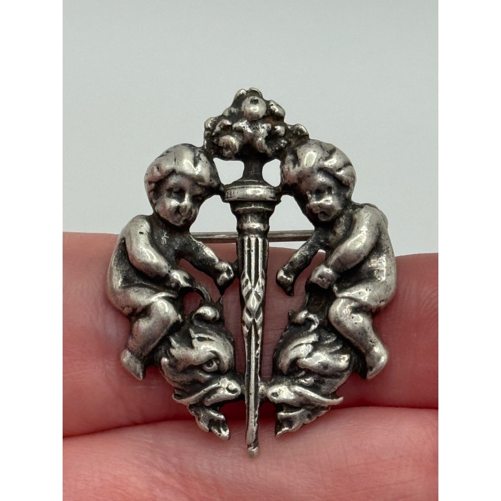 Vintage G Cini Signed‎ Sterling Silver Cherub Brooch